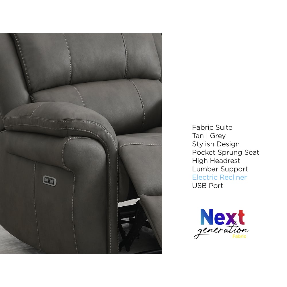 Claton Fabric Electric Recliner 2 Seater Sofa - Ultra Grey Suede
