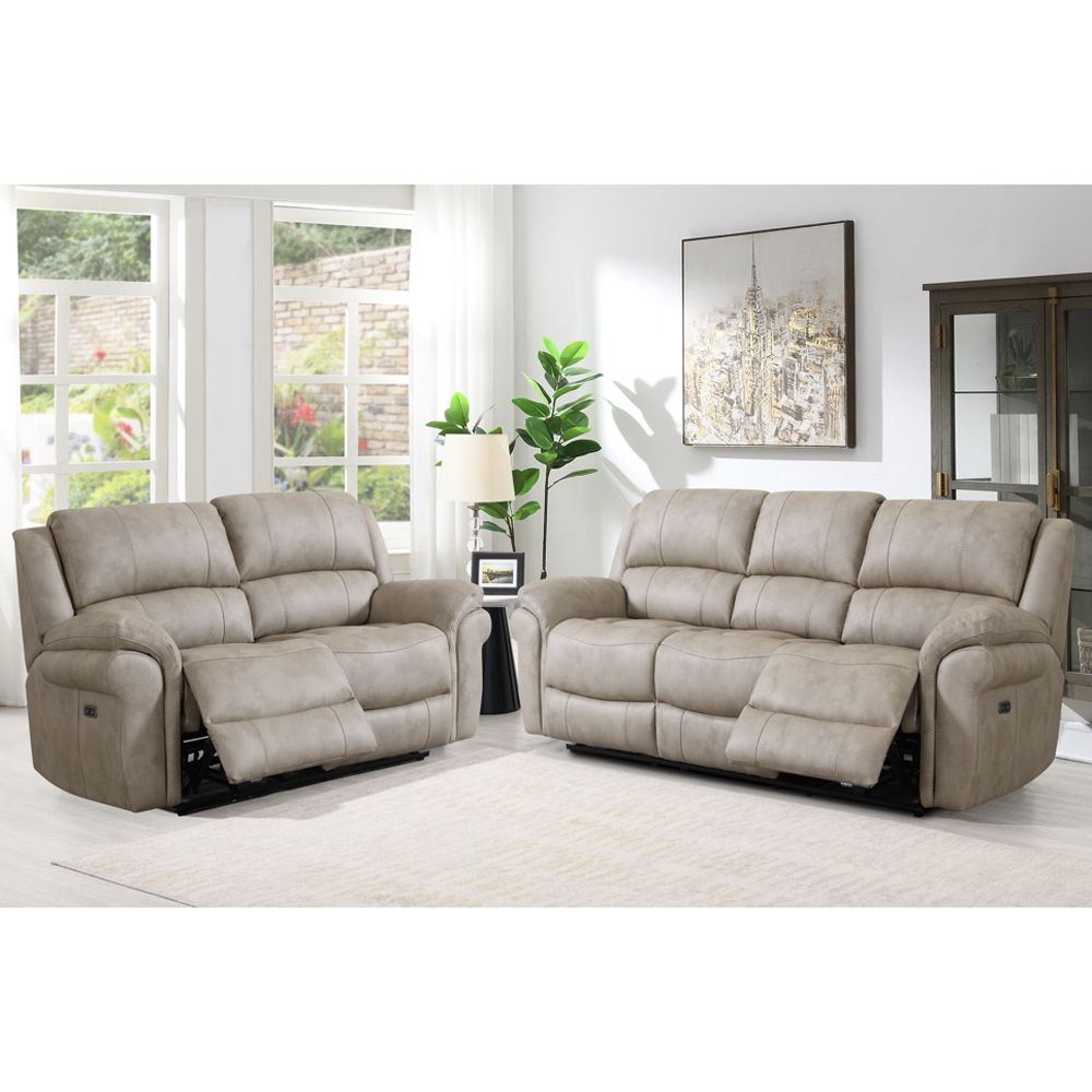 Claton Fabric Electric Recliner 3+2 Seater Sofa Set in Stone