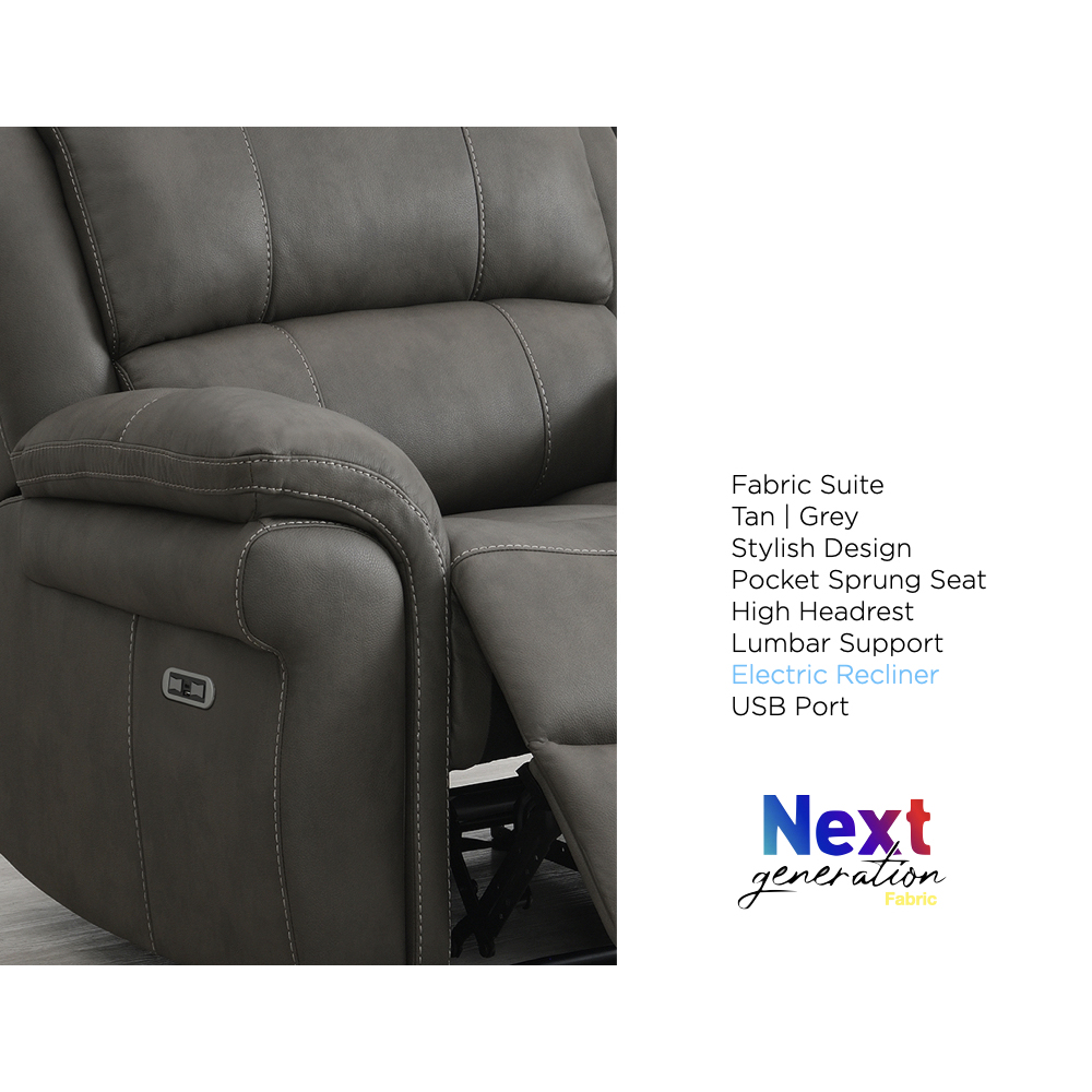Claton Fabric Electric Recliner 3 Seater Sofa - Ultra Grey Suede