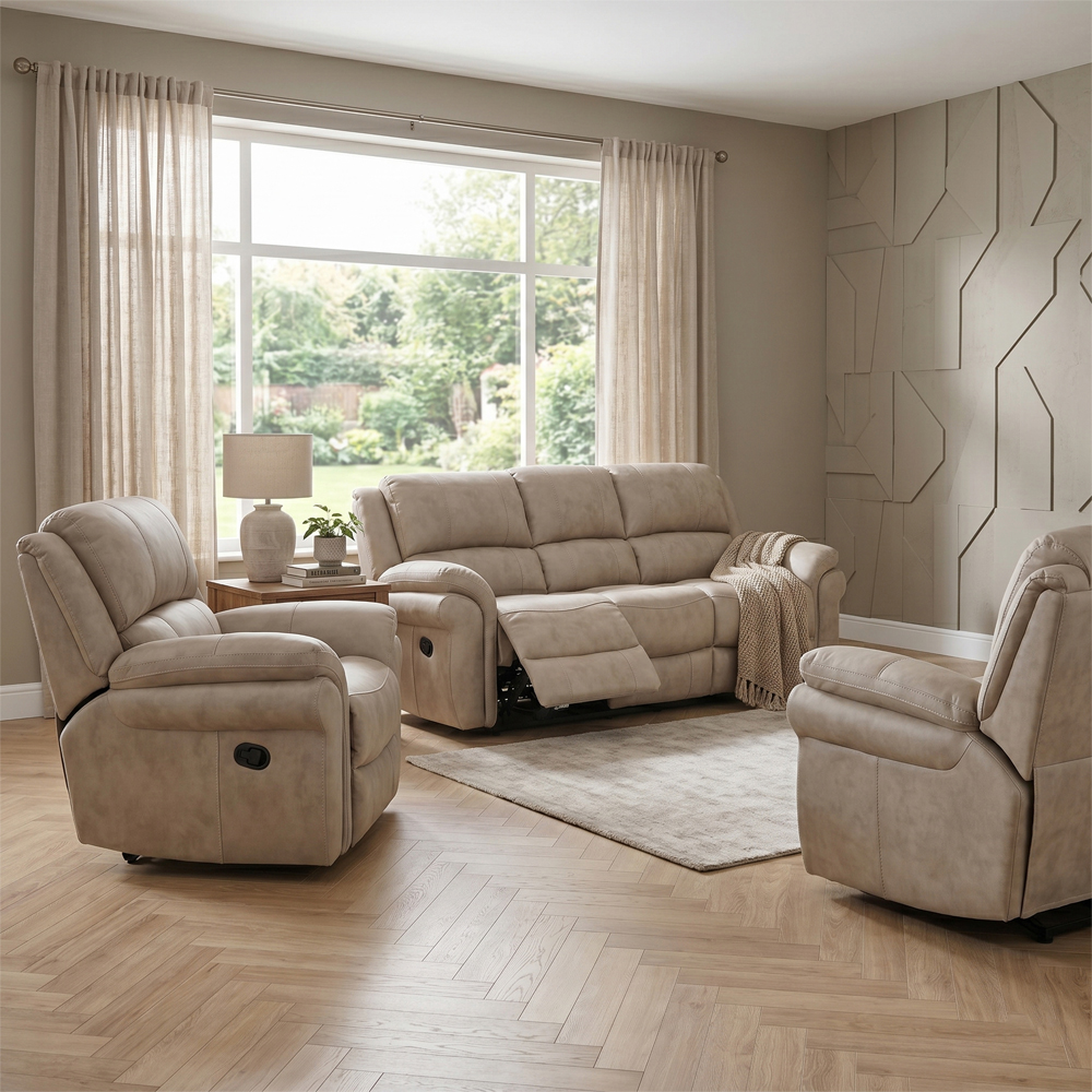 Claton Fabric Manual Recliner 3+1+1 Seater Sofa Set in Stone