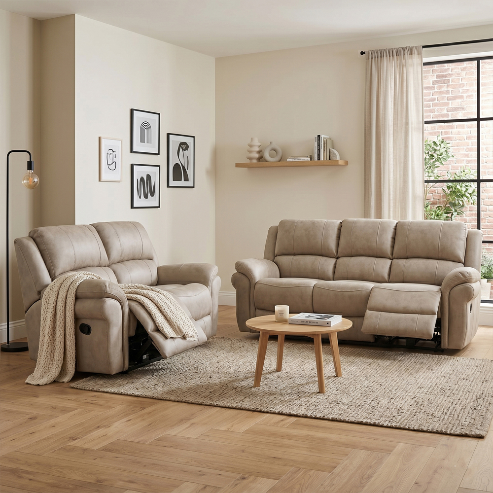 Claton Fabric Manual Recliner 3+2 Seater Sofa Set in Stone