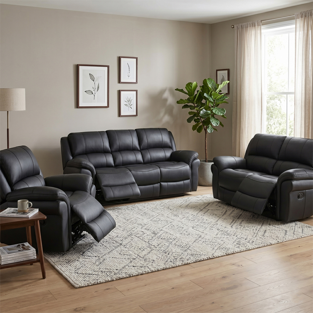 Claton Fabric Manual Recliner Sofa Suite in Black