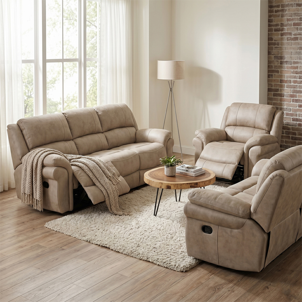 Claton Fabric Manual Recliner Sofa Suite in Stone