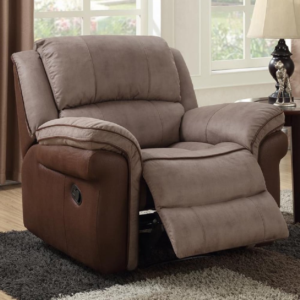 Claton Leather Fabric Recliner 1 Seater Sofa In Taupe And Tan