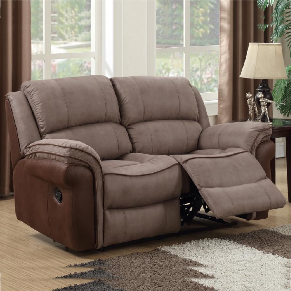 Claton Leather Fabric Recliner 2 Seater Sofa In Taupe And Tan