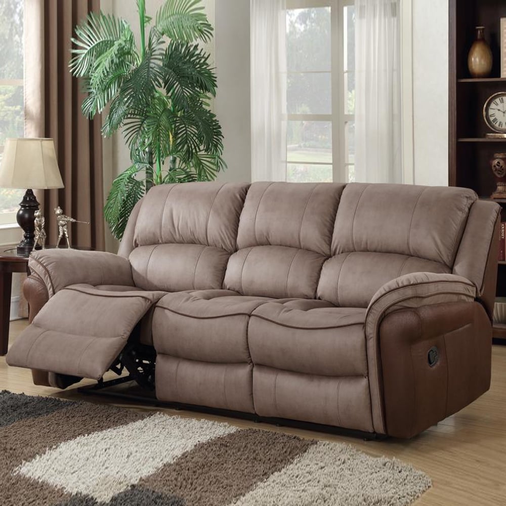 Claton Leather Fabric Recliner 3 Seater Sofa In Taupe And Tan