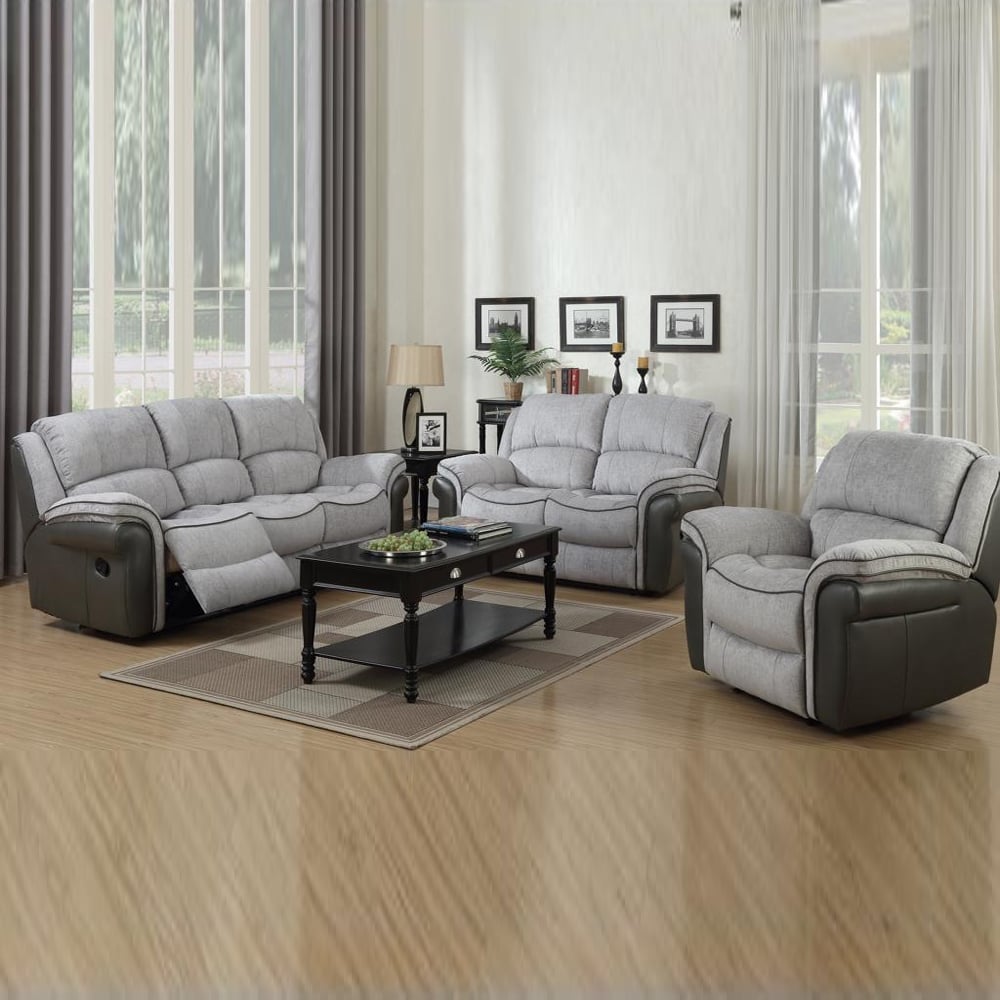 Claton Leather Fabric Recliner Sofa Suite In Grey