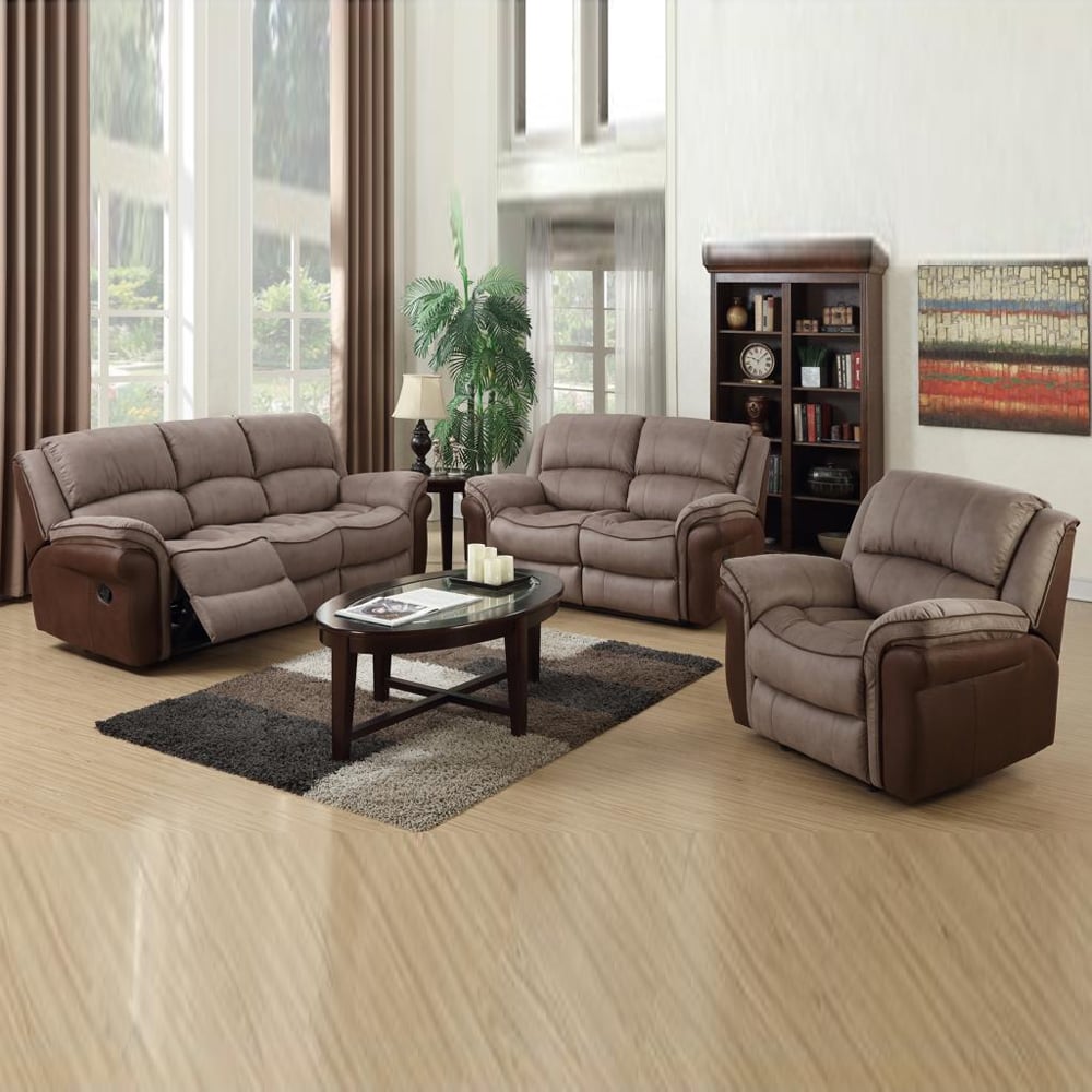 Claton Leather Fabric Recliner Sofa Suite In Taupe And Tan