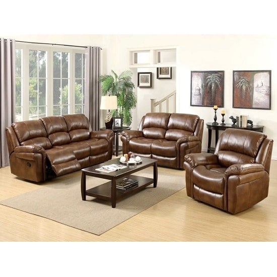 Product photograph of Claton Recliner Sofa Suite In Tan Faux Leather from Furniture in Fashion