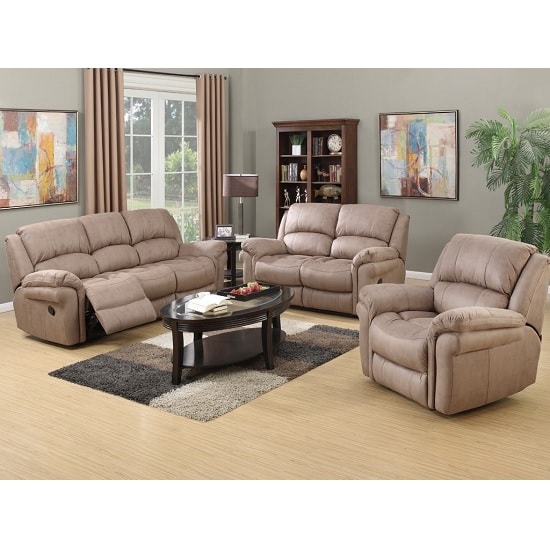 Product photograph of Claton Recliner Sofa Suite In Taupe Leather Look Fabric from Furniture in Fashion