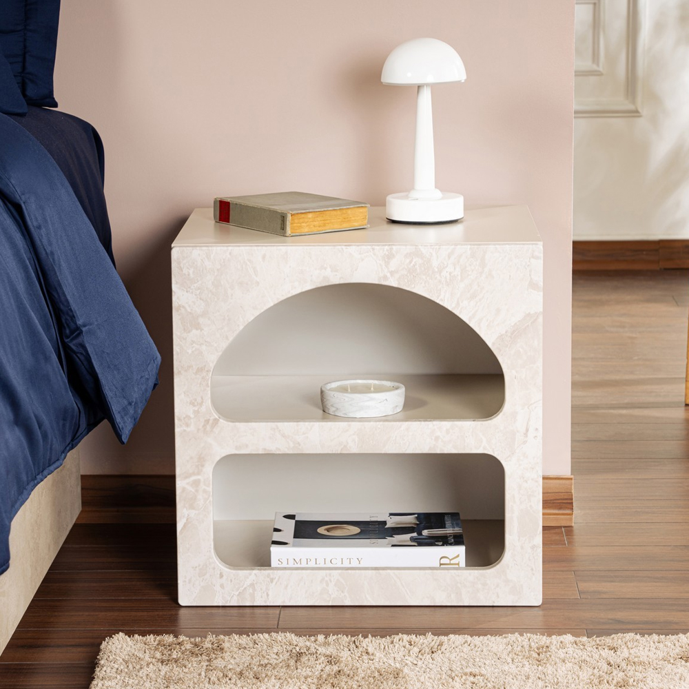 Clavero Wooden Bedside Table with 2 Shelves in Travertine Marble Sandstone