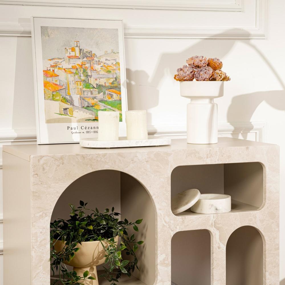 Clavero Wooden Console Table with 5 Shelves in Travertine Marble Sandstone