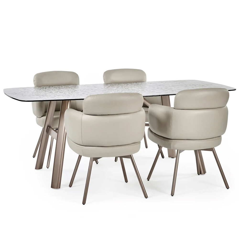 Cleburne Brown Smoked Bubble Glass Top Dining Table With 4 Beige Chairs