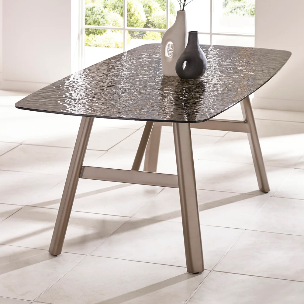 Cleburne Brown Smoked Bubble Glass Top Dining Table With 4 Beige Chairs