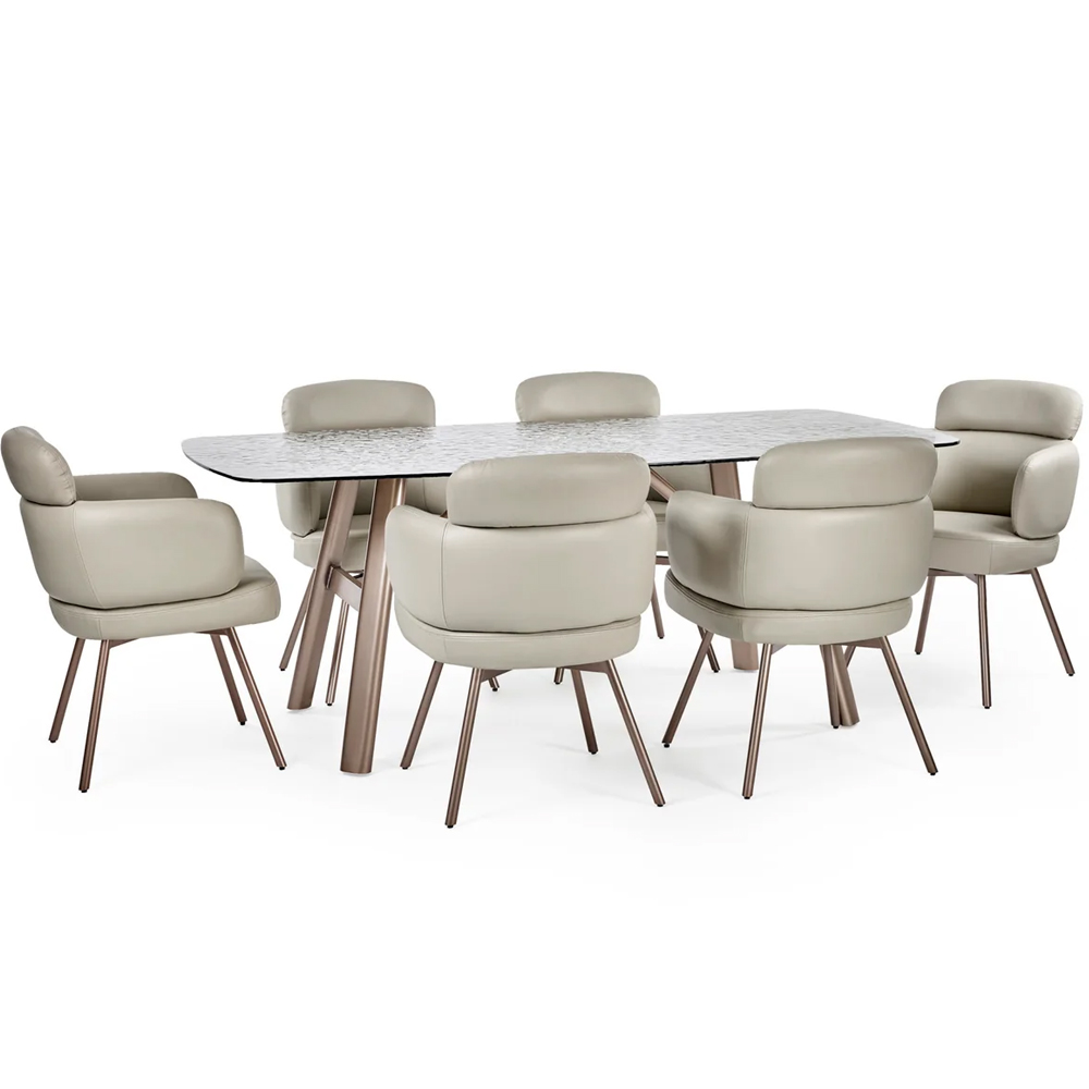 Cleburne Brown Smoked Bubble Glass Top Dining Table With 6 Beige Chairs