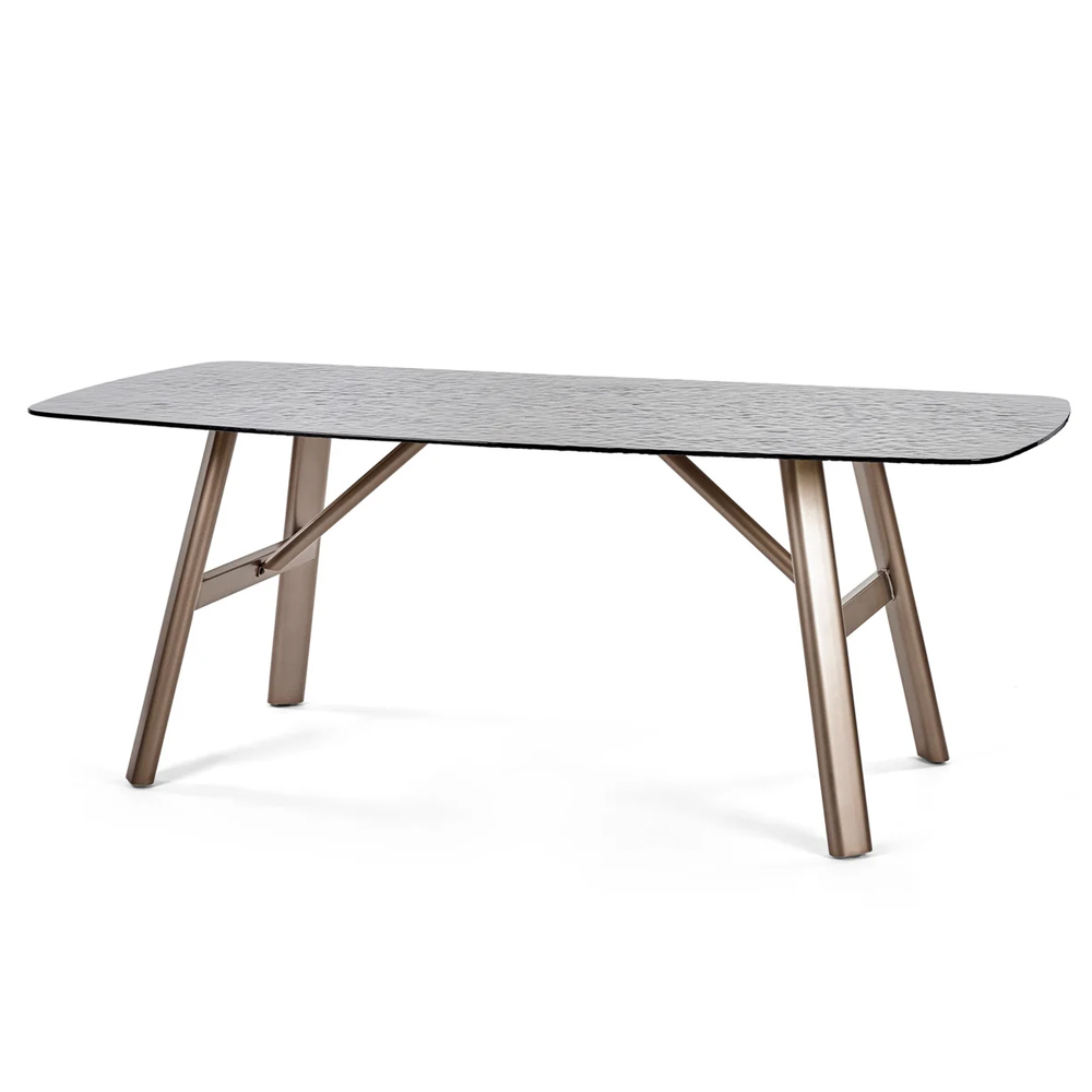 Cleburne Brown Smoked Bubble Glass Top Dining Table With 6 Beige Chairs