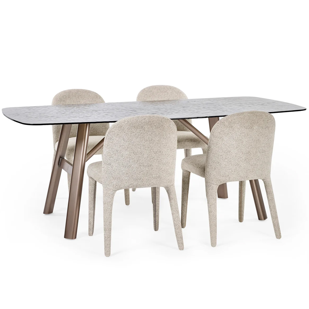 Cleburne Brown Smoked Bubble Glass Top Dining Table With Hinckley 4 Grey Chairs