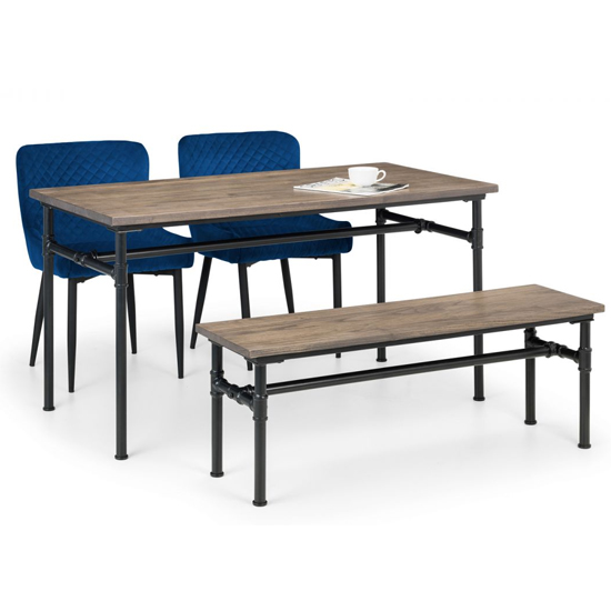 Product photograph of Caelum Elm Dining Table With Bench And 2 Lakia Blue Chairs from Furniture in Fashion