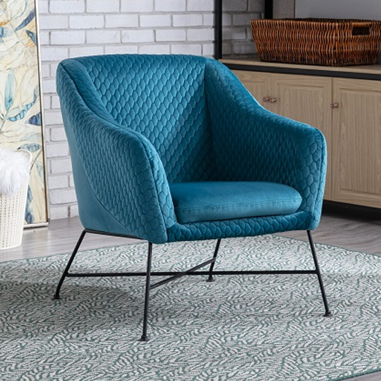 Photo of Cleo fabric accent chair in federal blue with black metal legs