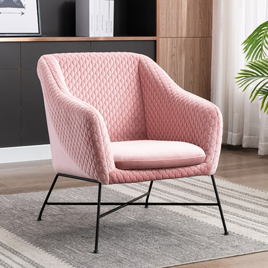 Read more about Cleo fabric accent chair in powder pink with black metal legs