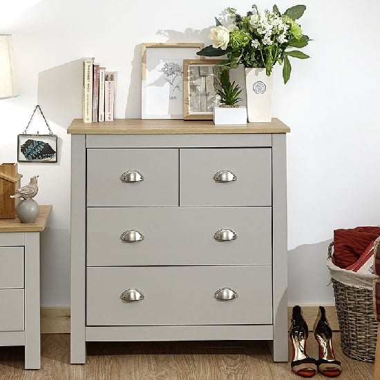 Photo of Loftus wooden chest of drawers in grey and oak with 4 drawers