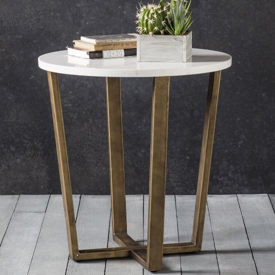 Clieo Round White Marble Side Table With Bronze Metal Base