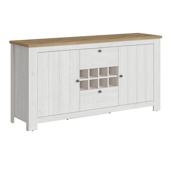 Photo of Clinton wooden sideboard with wine rack in white and oak
