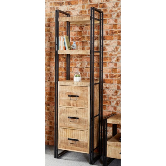 Photo of Clio industrial slim bookcase in oak with 3 drawers 1 shelf