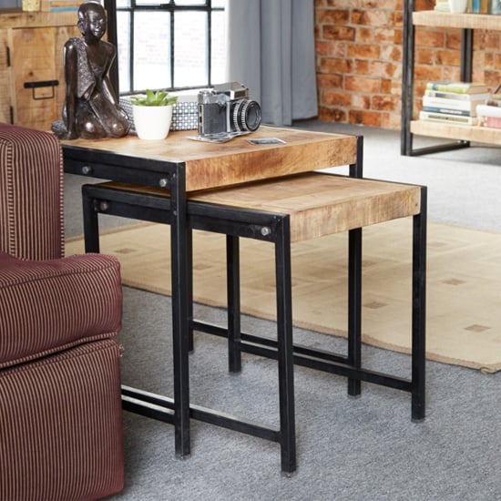 Photo of Clio industrial wooden nest of 2 tables in oak