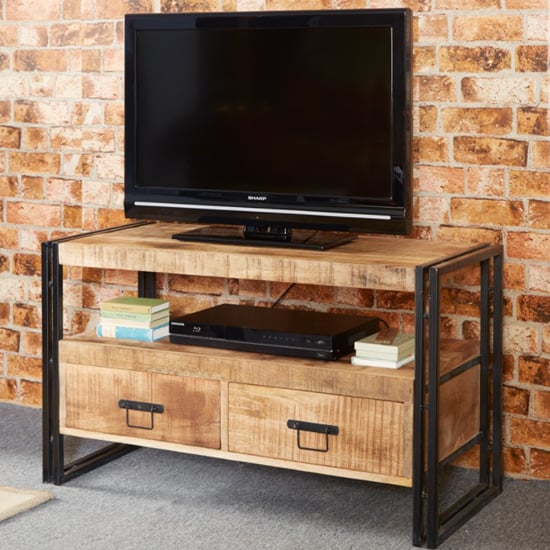 Photo of Clio industrial wooden tv stand in oak with 2 drawers