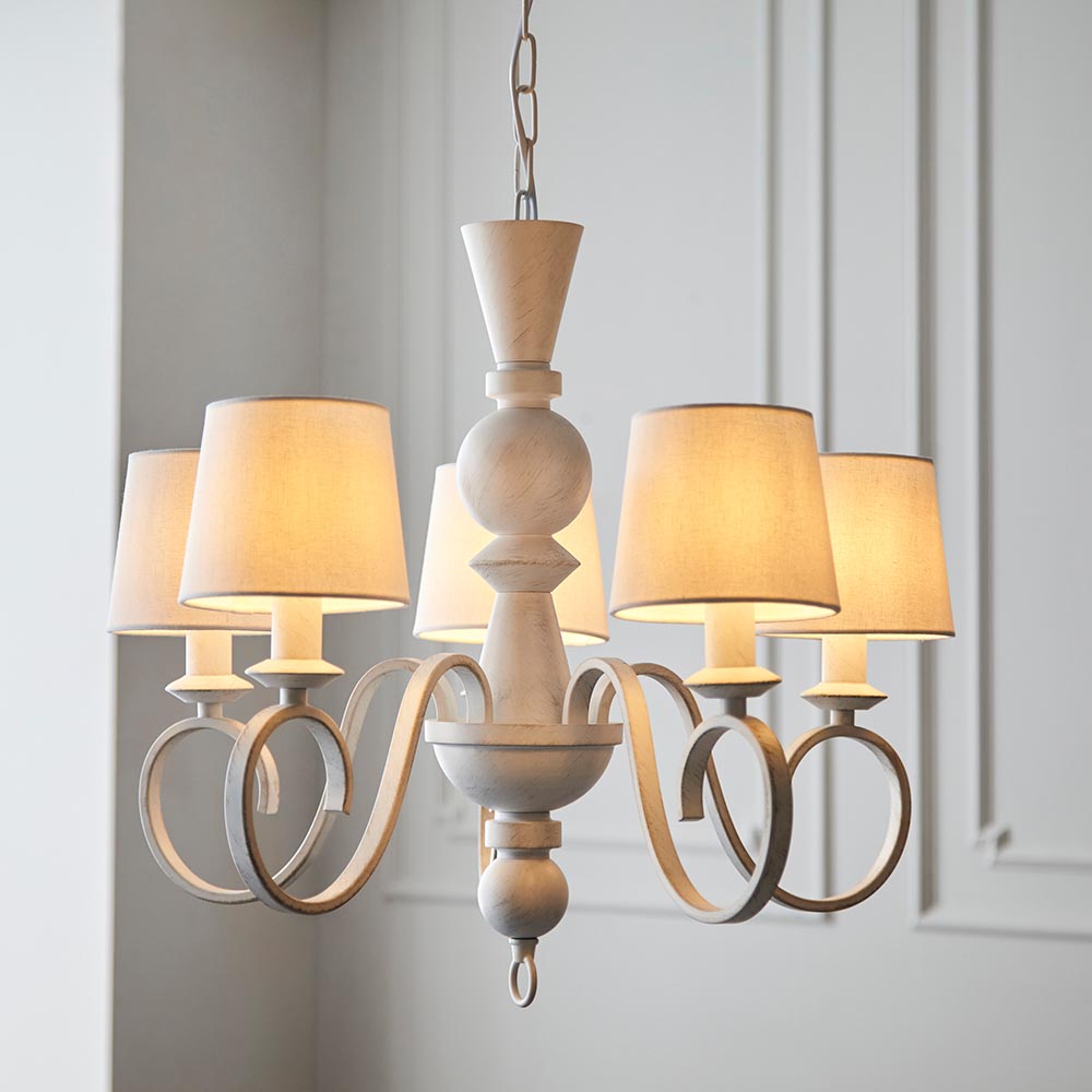 Read more about Clive 5 light vintage white fabric pendant light in aged white