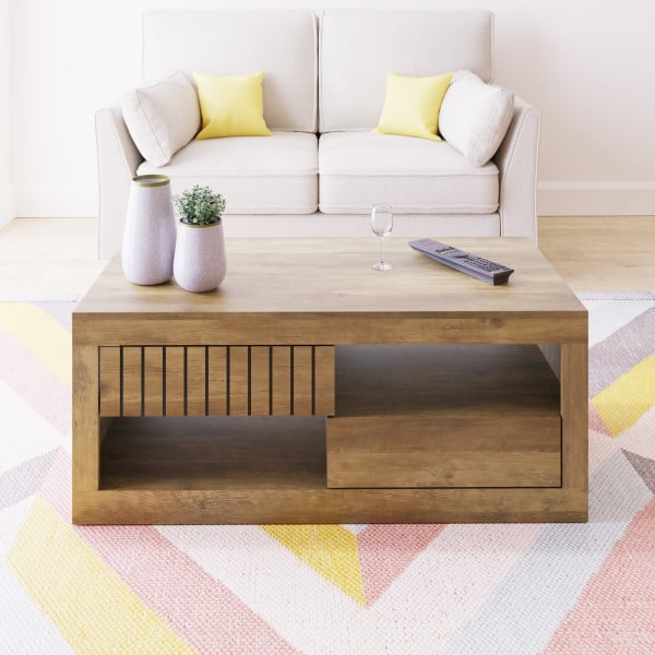 Product photograph of Clive Wooden Coffee Table With 2 Drawers In Knotty Oak from Furniture in Fashion