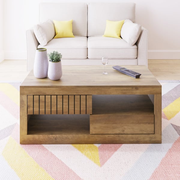 Photo of Clive wooden coffee table with 2 drawers in knotty oak