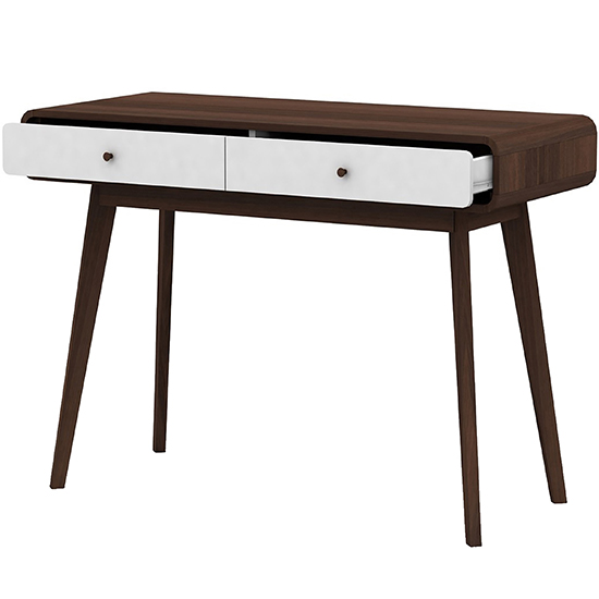 Clive Wooden Computer Desk With 2 Drawers In Walnut And White