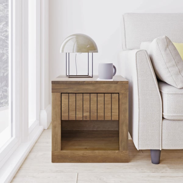 Product photograph of Clive Wooden Lamp Table With 1 Drawer In Knotty Oak from Furniture in Fashion