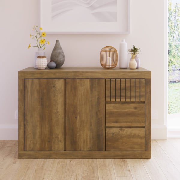 Product photograph of Clive Wooden Sideboard With 2 Doors 3 Drawers In Knotty Oak from Furniture in Fashion
