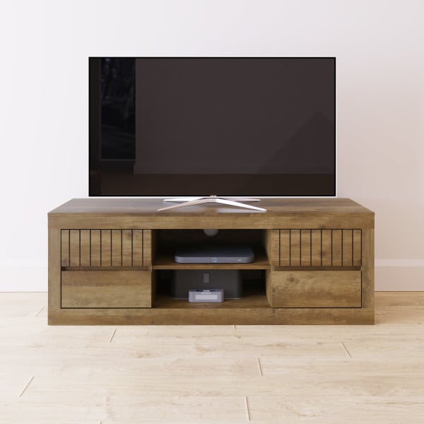 Photo of Clive wooden tv stand with 4 drawers in knotty oak