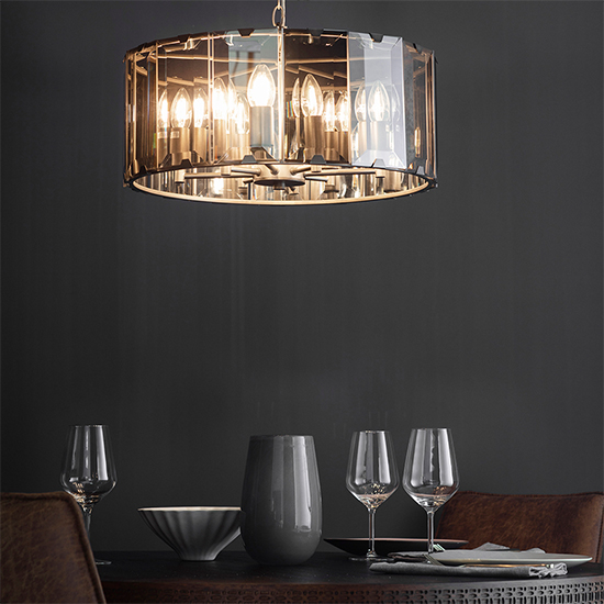 Clooney 8 Lights Smoke Glass Panels Pendant Light In Slate Grey