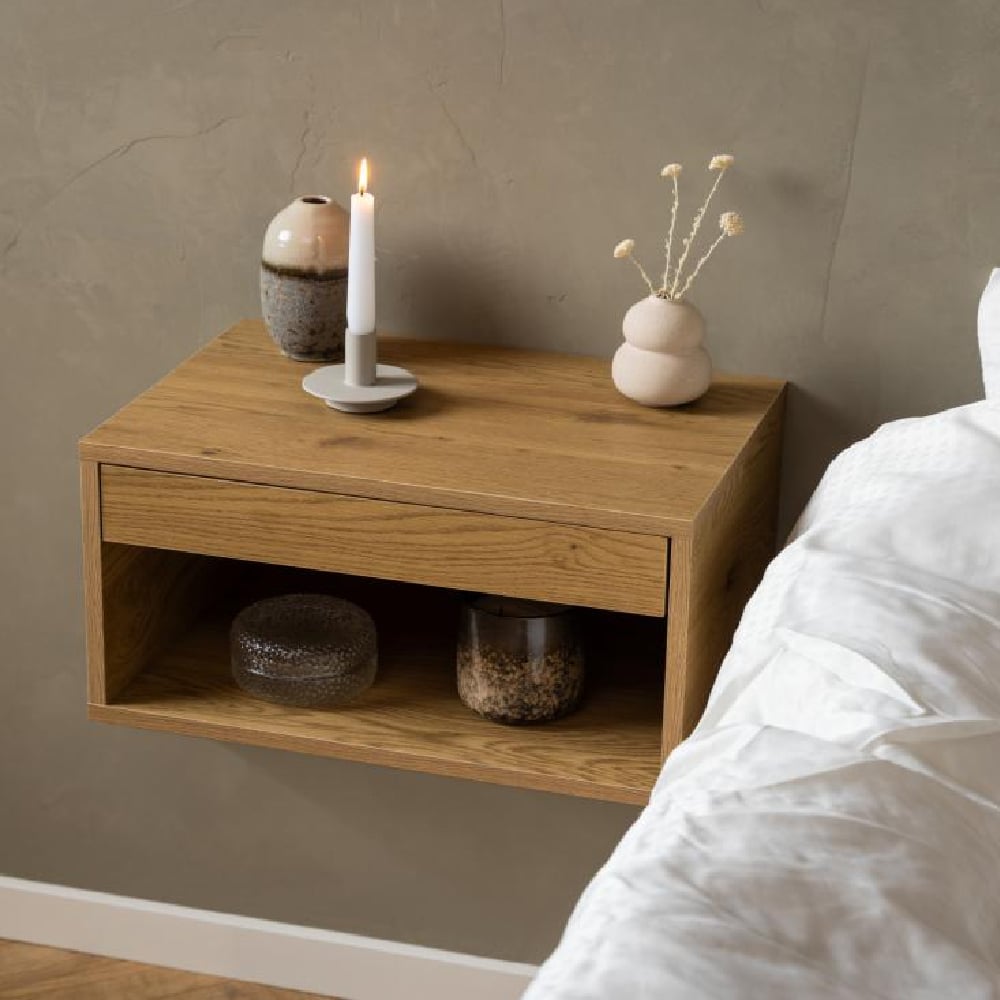 Product photograph of Cloquet Wall Hung Wooden Bedside Cabinet With 1 Drawer In Oak from Furniture in Fashion