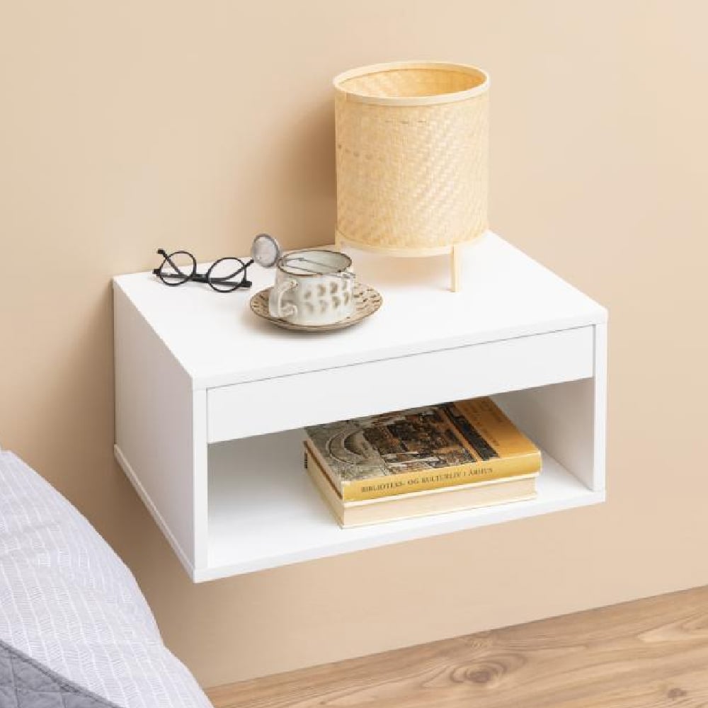 Product photograph of Cloquet Wall Hung Wooden Bedside Cabinet With 1 Drawer In White from Furniture in Fashion