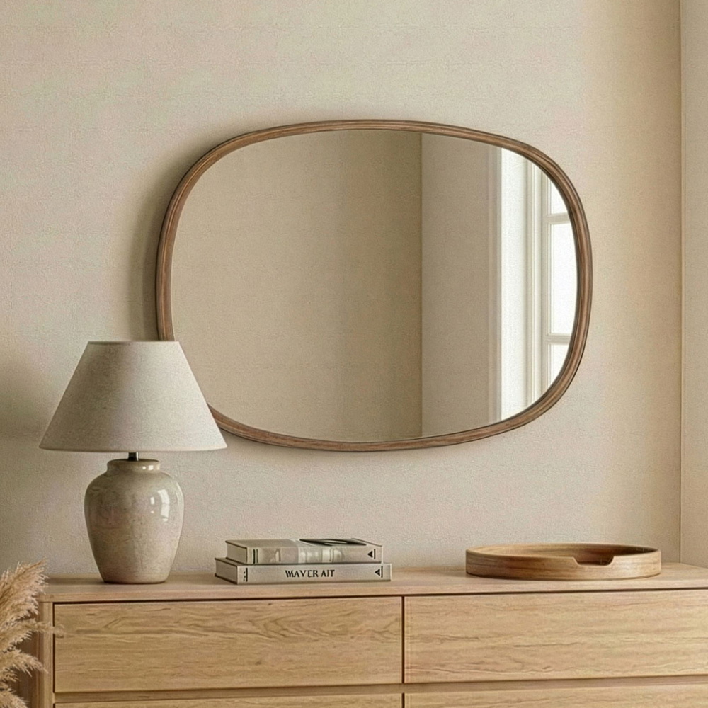 Cloudy Large Glass Wall Mirror with Walnut Solid Wood