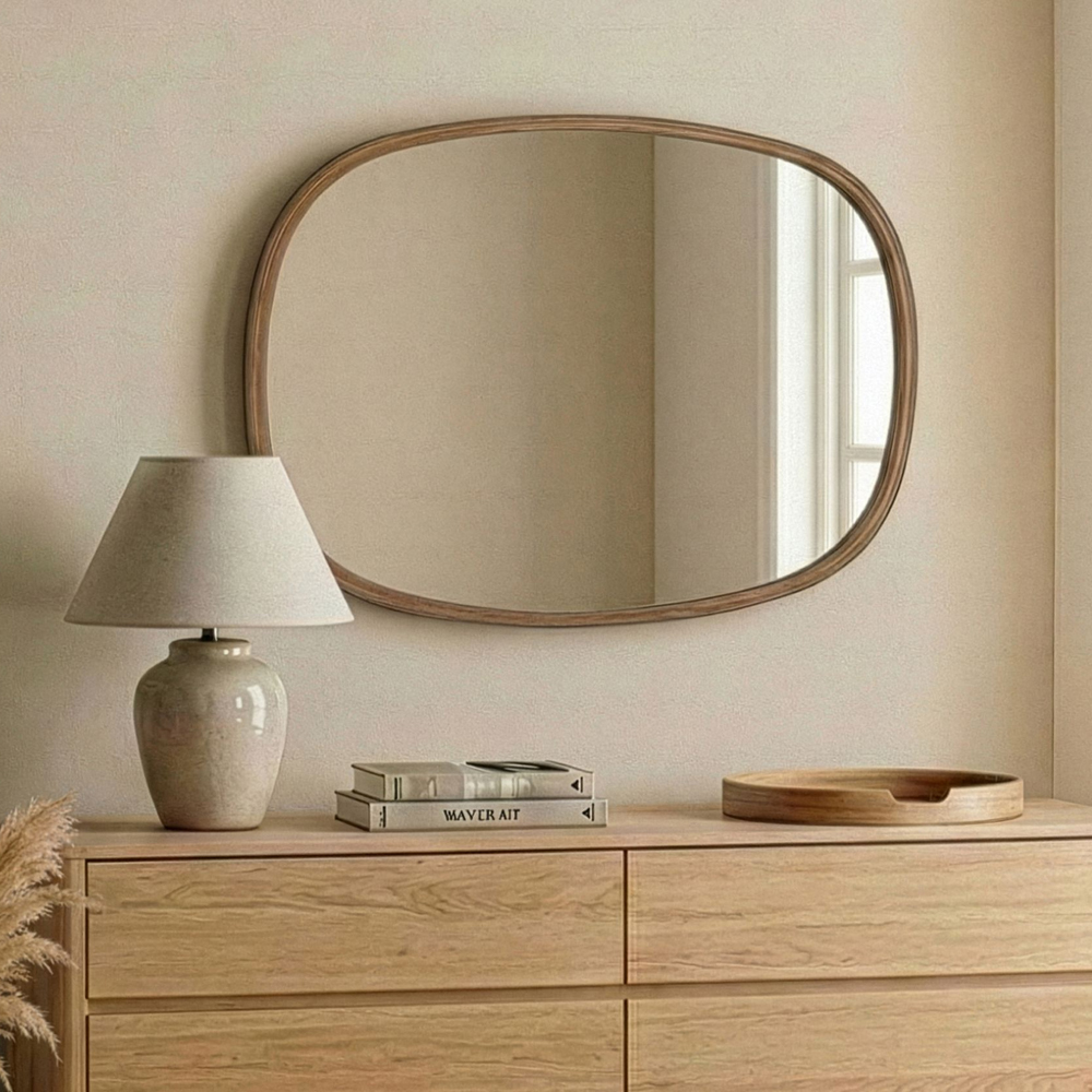 Cloudy Small Glass Wall Mirror with Walnut Solid Wood