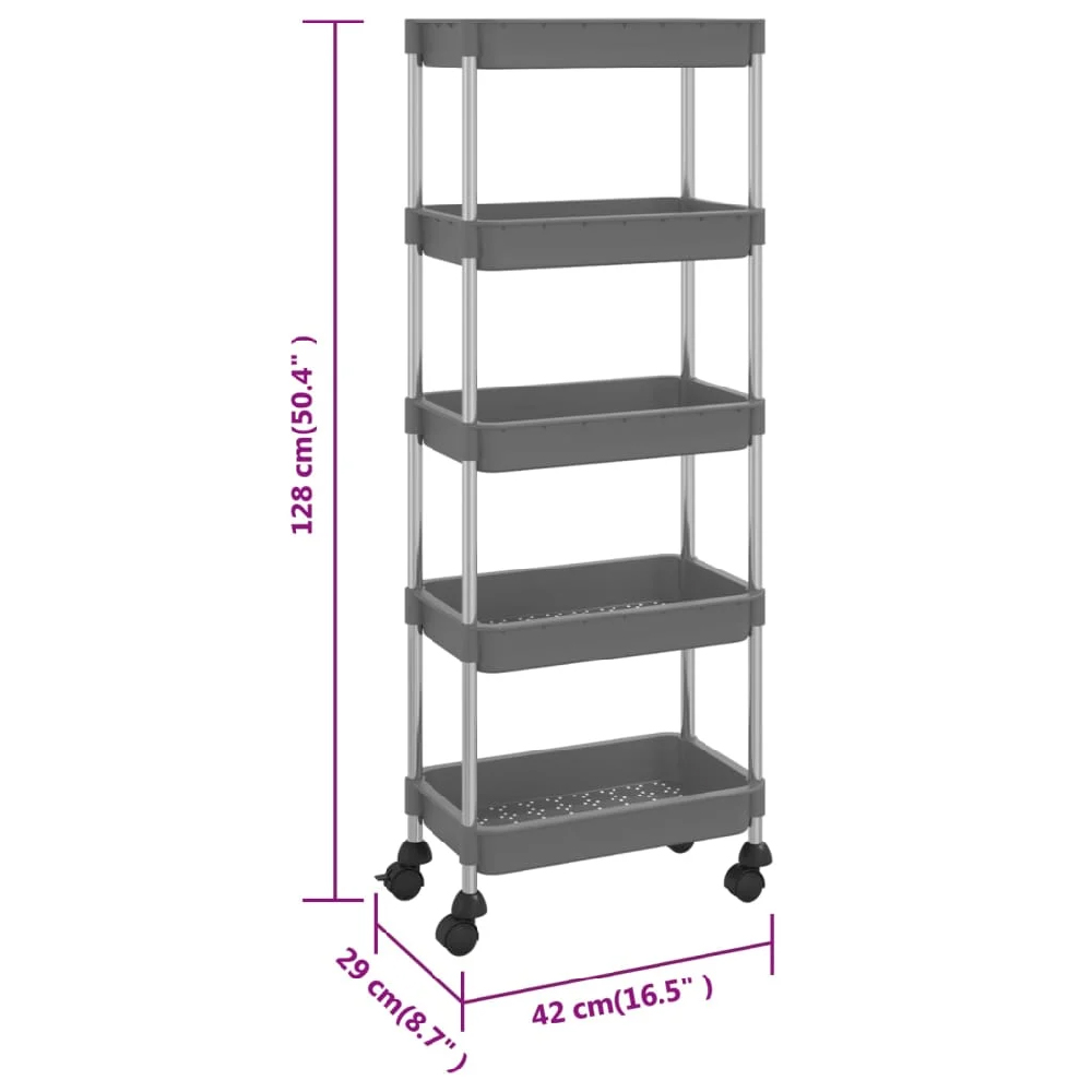 Cobleskill ABS Plastic 5 Tier Kitchen Trolley In Grey