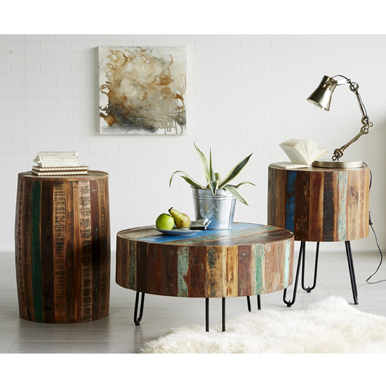 Coburg Wooden Drum Coffee Table In Vintage Oak Furniture in Fashion