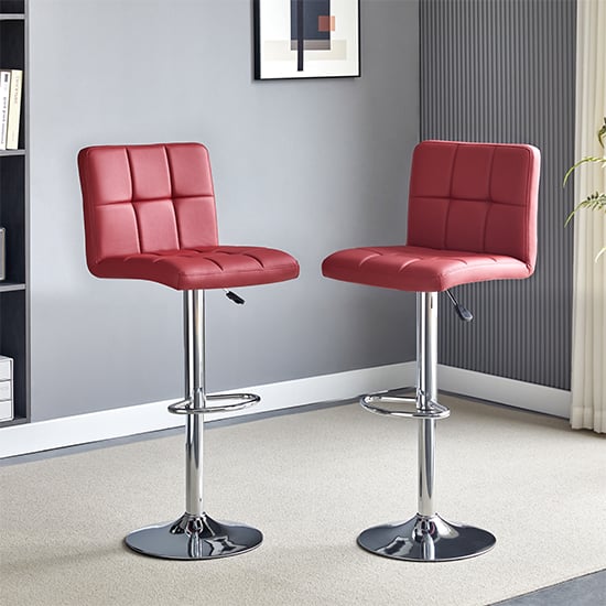 Product photograph of Coco Bordeaux Faux Leather Bar Stools With Chrome Base In Pair from Furniture in Fashion