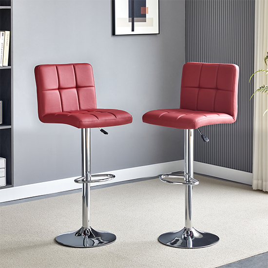 Read more about Coco bordeaux faux leather bar stools with chrome base in pair