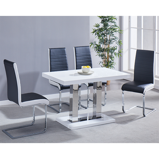 Read more about Coco white gloss dining table 4 symphony black white chairs