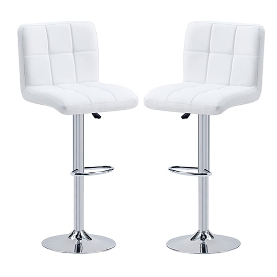 Read more about Coco white faux leather bar stools with chrome base in pair