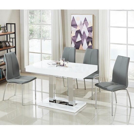Coco Dining Table In White Gloss With 4 Opal Grey Chairs