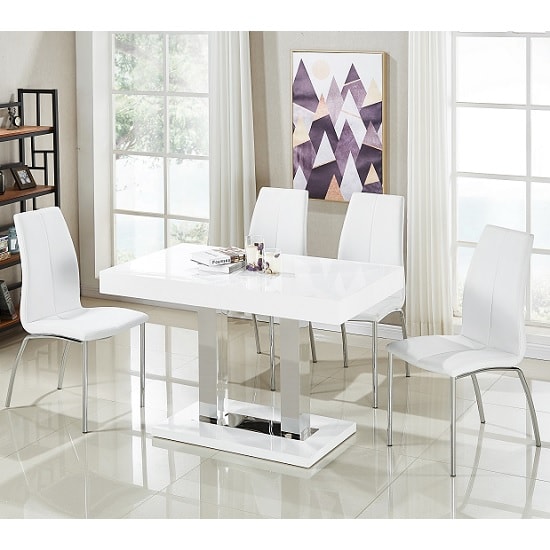 Product photograph of Coco White High Gloss Dining Table With 4 Opal White Chairs from Furniture in Fashion